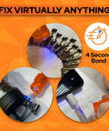 UV Liquid Plastic Welder Kit With Light Quick Cure Bonding Glue repairing metal keys, cup handle, and charging cable.
