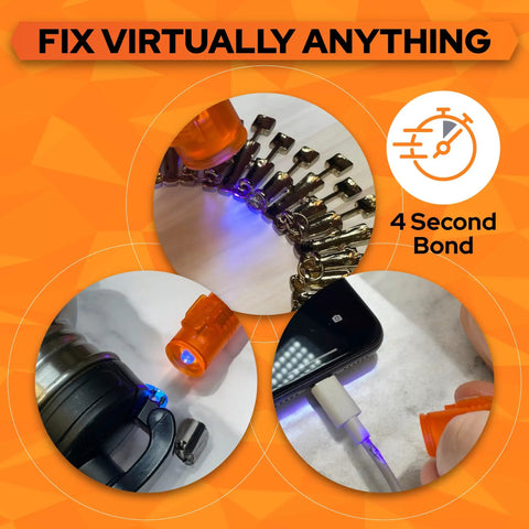 UV Liquid Plastic Welder Kit With Light Quick Cure Bonding Glue repairing metal keys, cup handle, and charging cable.