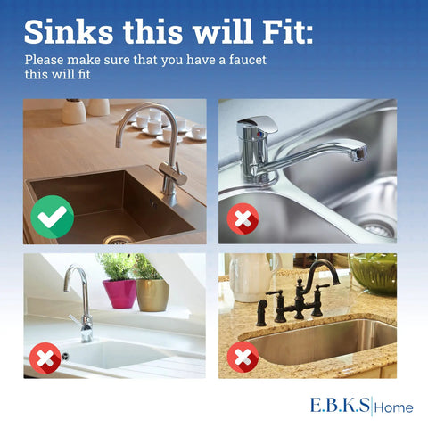 Collage showing compatible and incompatible sinks for Extra Long 24 Inch Silicone Kitchen Sink Splash Guard That Keeps Counters Clean And Dry With Built In Backsplash Protection Behind Faucet For A Mess Free Spill Proof Kitchen.
