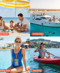 Family using IPX8 Waterproof Phone Pouch at beach and cruise ship, woman kayaking, another by swimming pool, with lanyards visible.