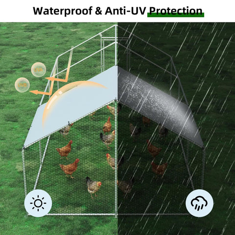 Heavy Duty Walk In Chicken Run Pen 10x20 Feet With Predator Proof Galvanized Hardware Cloth showing UV cover in sun and rain