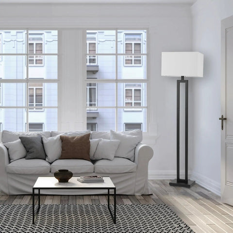 58 Inch Floor Lamp In Matte Black Finish With White Linen Rectangular Shade, Modern Geometric Cutout Design, E26 Base in living room