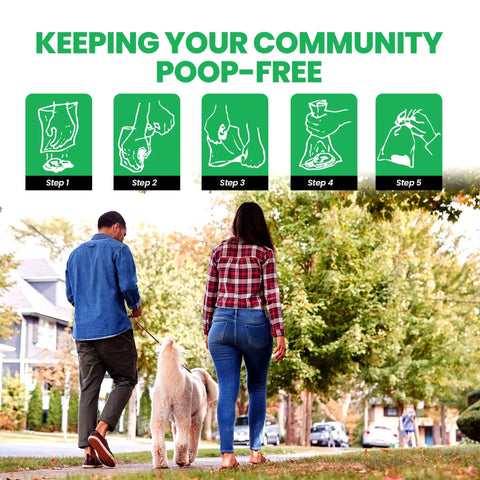 Man and woman walking dog on path, with "Keeping Your Community Poop-Free" steps graphic, Bulk Pack Of 2000 Pet Waste Bags In Roll Format