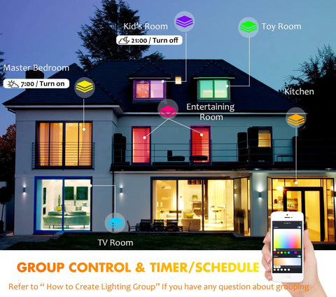 Exterior of house with smart lighting control illustration using 12 Inch Smart Flush Mount LED Ceiling Light, app interface shown.