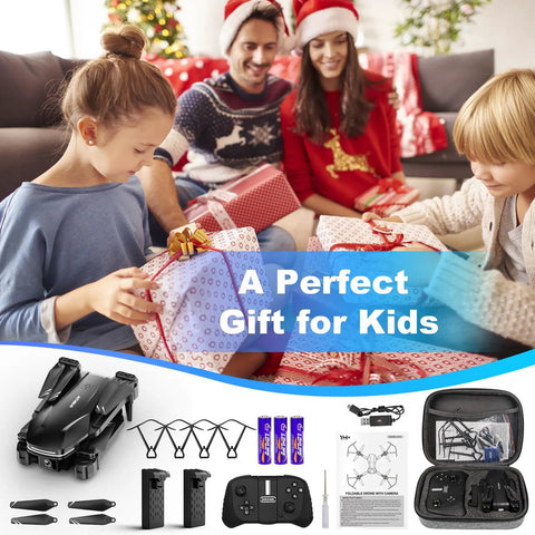 Family in festive setting with 1080P HD Foldable Drone With Carrying Case For Adults, One Key Takeoff And Landing