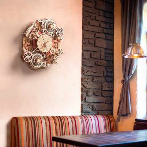 Dope 3D Wooden Puzzle Clock Kit For Adults Hands On Zodiac Wall Clock Project on brick wall in cozy setting.