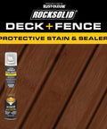 Hardcore Deck And Fence Stain With Gnarly UV Protection Black Walnut Oil Base in spray can on wood surface.