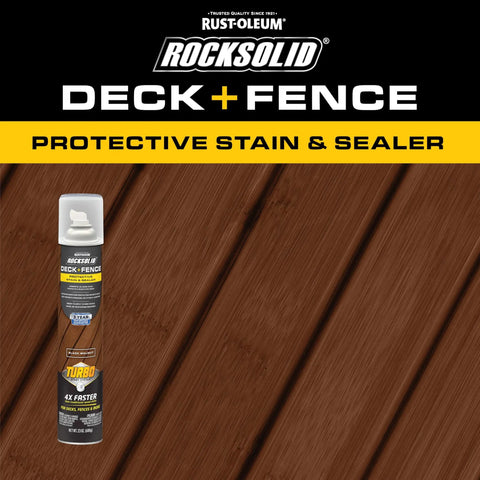 Hardcore Deck And Fence Stain With Gnarly UV Protection Black Walnut Oil Base in spray can on wood surface.