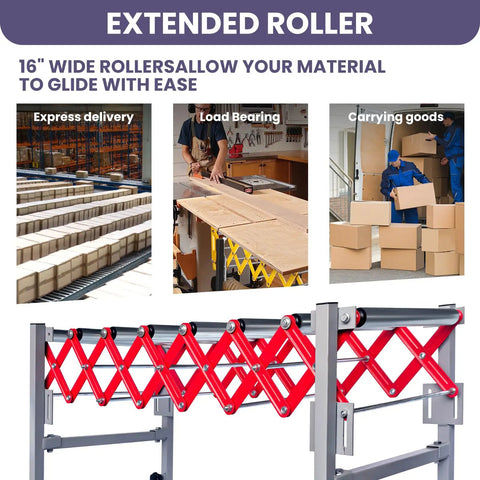 Heavy Duty Expandable Roller Conveyor With Wheels Adjustable Height And Length Portable Work Support Stand For Table Saws And Planers Gliding Heavy Loads Slick Transfer Built Tough For Shop Projects with 16 inch wide rollers for smooth material movement.