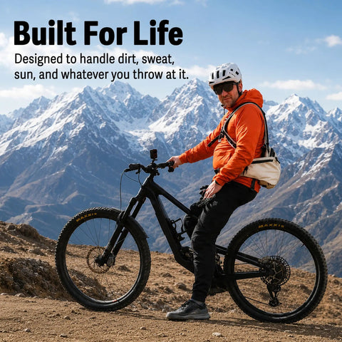 Cyclist wearing Mountain Bike Hydration Pack With 3L Bladder And 10L Storage For Trail Rides, mountain backdrop