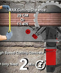 Heavy Duty Knockout Performance 16 Inch Toroidal Concrete Ring Saw Featuring Brushless Copper Motor And Reinforced Titanium Blades For Rapid Wall Chasing And Zero Dust Cleanup showing max cutting distance on concrete.