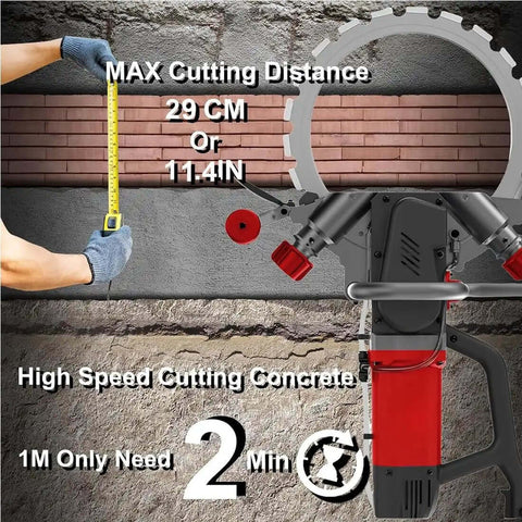 Heavy Duty Knockout Performance 16 Inch Toroidal Concrete Ring Saw Featuring Brushless Copper Motor And Reinforced Titanium Blades For Rapid Wall Chasing And Zero Dust Cleanup showing max cutting distance on concrete.