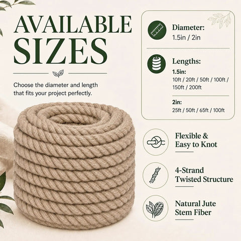 Heavy Duty Natural Jute Rope 1.5 Inch 50 Feet Thick Manila Style For Docks Railings Swings Landscaping And Home Decor Durable All Weather Fiber With Soft Flexible Feel For Everyday Outdoor Use displayed with available sizes and features like flexibility and natural fiber.