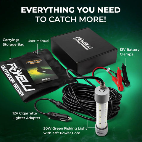 Green Underwater Fishing Light For Night Angling, Submersible IP68 LED Glow 3900 Lumens, 12V 30W With 33 Ft Cable & Clamps