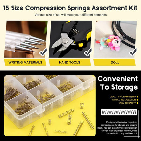 Mardatt 240-pcs compression springs set in clear case; stainless steel, 4–6 mm OD, 10–50 mm long, 0.3–0.5 mm wire.