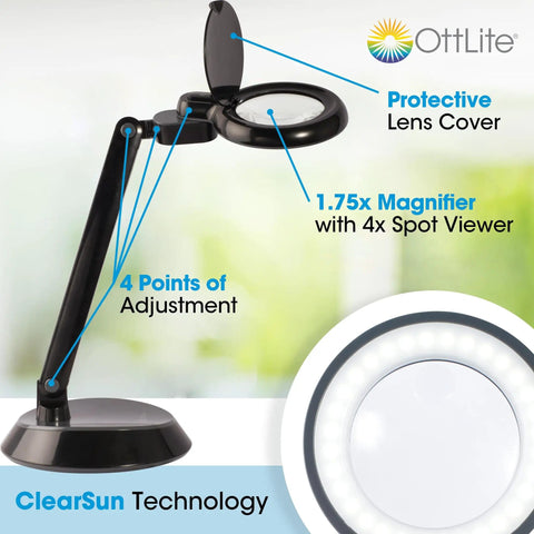 All In One LED Desk Lamp With Built In Magnifier Go To Tool showing protective lens, magnifier, and adjustable arm.