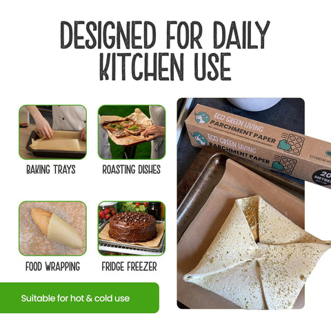 Compostable Unbleached Parchment Paper 60m Total Nonstick Greaseproof Baking Paper For Baking Roasting Wrapping Food Fridge Freezer Microwave Safe Eco Friendly 3 Pack packaging next to baking and food images.