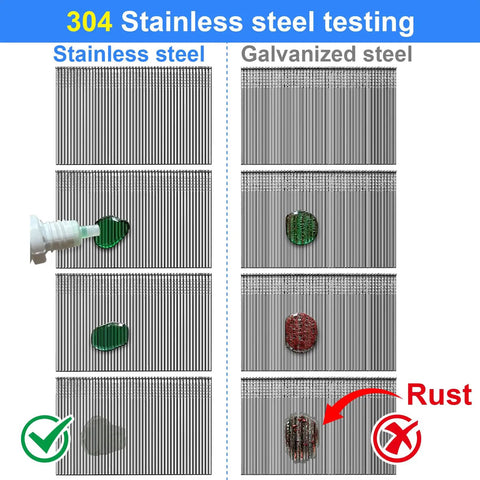 304 Stainless Steel testing image comparing rust resistance of Hardcore 18 Gauge 304 Stainless Steel Brad Nails with galvanized steel.