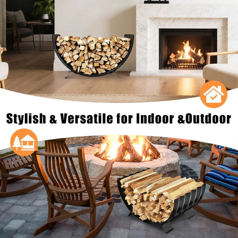 Built Tough Heavy Duty Metal Firewood Rack For Indoor And Outdoor Use With 24 Inch Large Capacity Arc Shape Design shown in living room and patio.