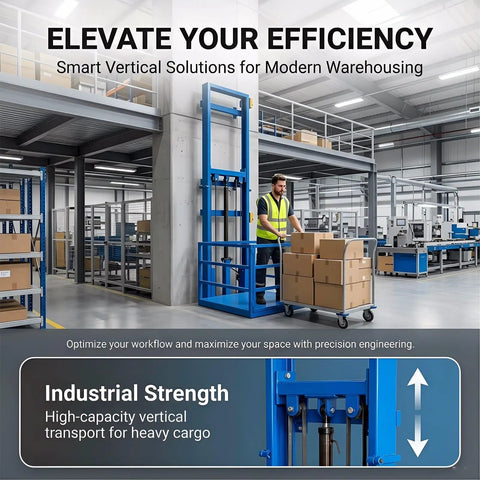 Total Beast Heavy Duty Electric Hydraulic Cargo Lift, Wall Mounted Rail Hoist Handles 2200 Lb Loads, Freight Elevator Platform in warehouse setting.