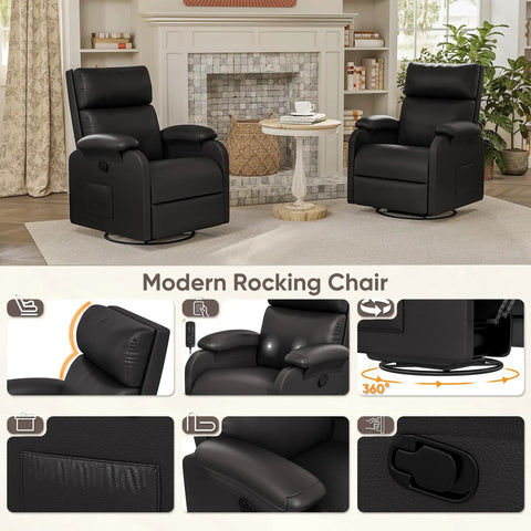 Black Comfy 360 Swivel Recliner Chair With Rocker For Adults, adjustable backrest, footrest, side pocket, living room setup
