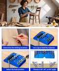 Workshop showing Aluminum Angle Drill Guide Jig With 30 45 90 Degree Settings; includes bubble level for precise woodworking.