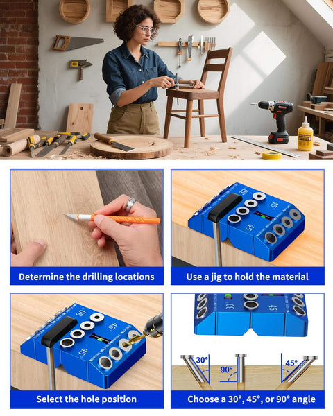 Workshop showing Aluminum Angle Drill Guide Jig With 30 45 90 Degree Settings; includes bubble level for precise woodworking.