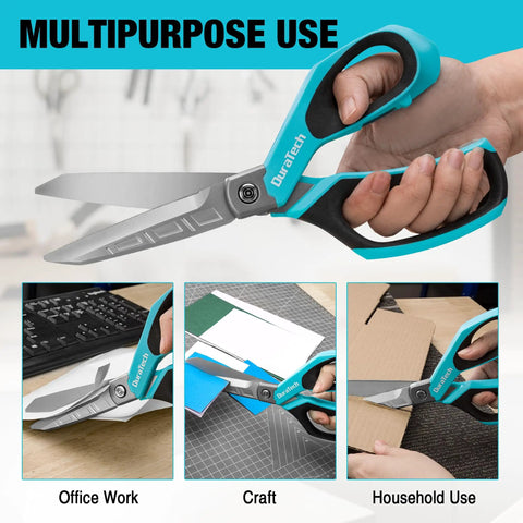 Beefy Heavy Duty All Purpose Scissors For Home, Office And Workshop With 10 Inch Stainless Steel Blades, Ergonomic Non Slip TPR Handle, Long Lasting Sharp Cut Through Cardboard, Fabric, Paper And Tough Materials, shown cutting paper, cardboard and craft materials