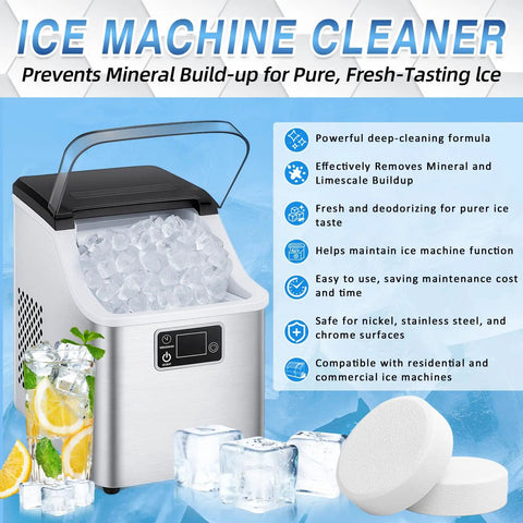 Ice Maker Cleaner Tablets Descaler 36 Pack For Portable Countertop And Nugget Ice Makers, Nickel Safe Scale Remover, Removes Limescale And Odor No Fuss, Delivers Crystal Clear Ice. Portable countertop ice maker with ice cubes