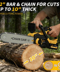 Person using 12 Inch Cordless Electric Chainsaw With 20V Battery Auto Oiler on log, highlighting 12-inch bar for 10-inch cuts
