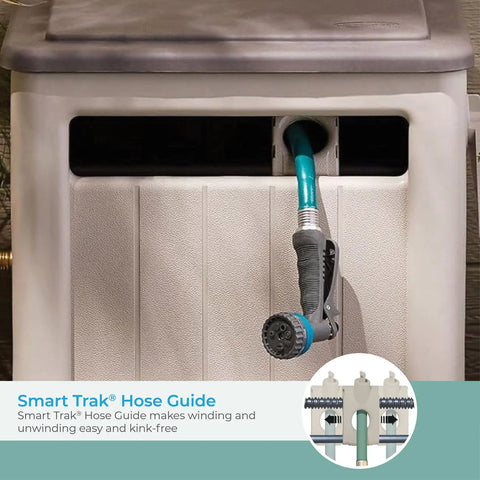 Swivel Hideaway Hose Reel With Crank Handle And Hose Guide 225 Ft Capacity with hose partially unrolled, mocha taupe finish