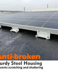 Close-up of solar panel with anti-broken sturdy steel housing, mounted on flat rooftop, preventing scratching and shattering.