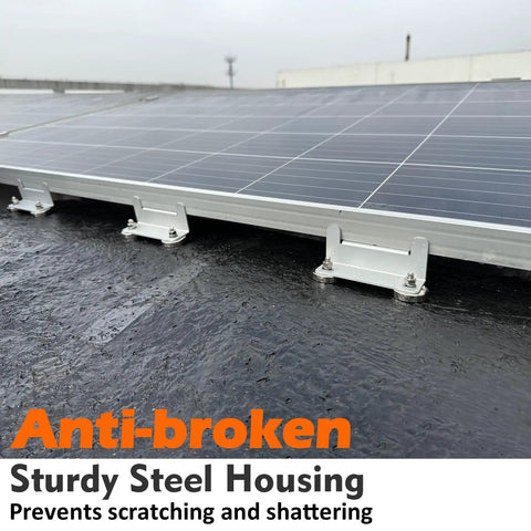 Close-up of solar panel with anti-broken sturdy steel housing, mounted on flat rooftop, preventing scratching and shattering.