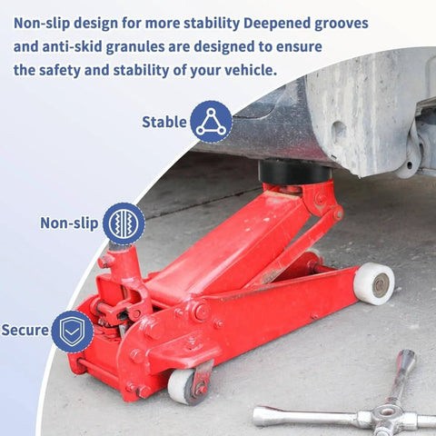 Universal Pinch Weld Jack Pad Adapter For Floor Jacks Upgraded Rubber Pad installed on red floor jack under vehicle
