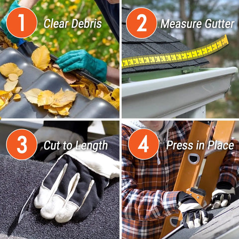 Four-step DIY process for installing Gutter Guard Foam Filter For 4 Inch K Style Gutters No Fuss Easy DIY Install Year Round Leaf Protection