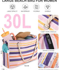 Extra Large Waterproof Sandproof Beach Tote For Women With Zipper Pocket, 30L capacity, striped design with rope handles