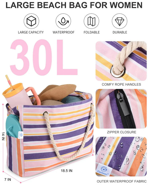 Extra Large Waterproof Sandproof Beach Tote For Women With Zipper Pocket, 30L capacity, striped design with rope handles