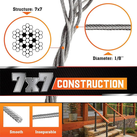 Beefy Workhorse 650ft 1 Eighth Inch T316 Stainless Steel Deck Cable Railing Kit With Cutter And Gloves 7x7 wire rope detail
