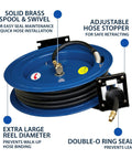Heavy Duty All Steel 3/8 Inch By 50 Foot Retractable Air Hose Reel With Automatic Rewind, showing solid brass spool and adjustable stopper.