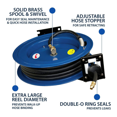 Heavy Duty All Steel 3/8 Inch By 50 Foot Retractable Air Hose Reel With Automatic Rewind, showing solid brass spool and adjustable stopper.
