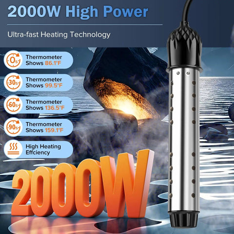 2000W Immersion Water Heater With Digital Thermometer, stainless steel body, suitable for small pools, bathtubs, buckets