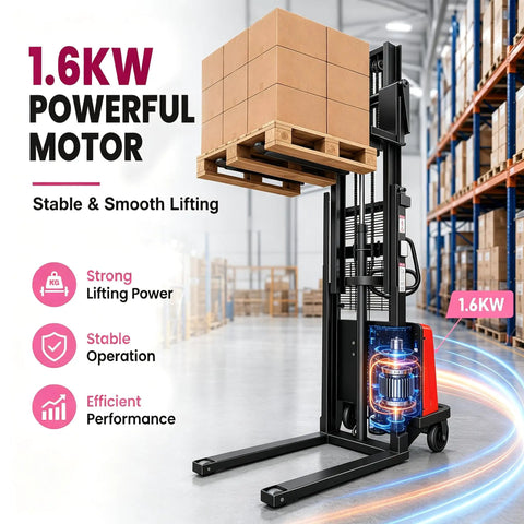 Heavy Duty Semi-Electric Pallet Stacker 3500 Lbs Capacity, 1.6Kw Motor lifting stacked boxes in a warehouse.