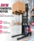 Heavy Duty Semi Electric Pallet Stacker With 3500 Lbs Load Capacity And 1.6 Kilowatt Motor lifting boxes in a warehouse.