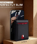 Ultra Slim RFID Blocking Wallet For Men With 12 Card Capacity next to smartphone showing compact size in black carbon finish.