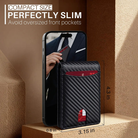 Ultra Slim RFID Blocking Wallet For Men With 12 Card Capacity next to smartphone showing compact size in black carbon finish.