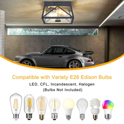 Adjustable Outdoor Motion Sensor Ceiling Light With Ten Inch Flush Mount Sleek Square Modern Industrial Design Two Light Clear Glass installed in garage