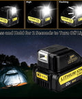 All In One 20V Battery Adapter With USB Phone Charger And LED Work Light, nighttime camping scene with lit tent