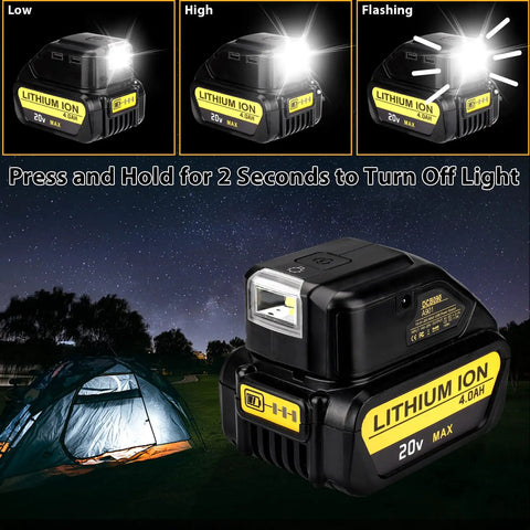 All In One 20V Battery Adapter With USB Phone Charger And LED Work Light, nighttime camping scene with lit tent
