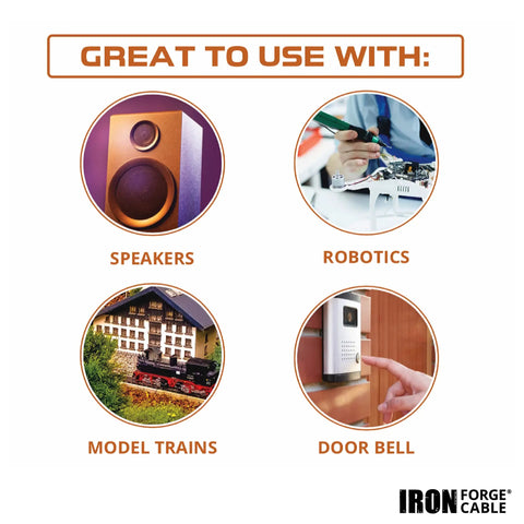Image showing applications of 6 AWG Heavy Duty Battery And Automotive Wiring Kit with speakers, robotics, model trains, doorbell.