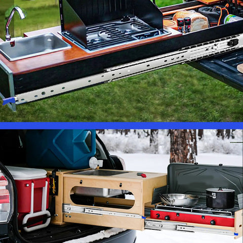 Heavy Duty Side Mount Drawer Slides With Locking Swing Handle And Tough As Nails Cold Rolled Steel Constructed To Bear 300 Pounds Rock Solid outdoor kitchen setup with sliding drawers.